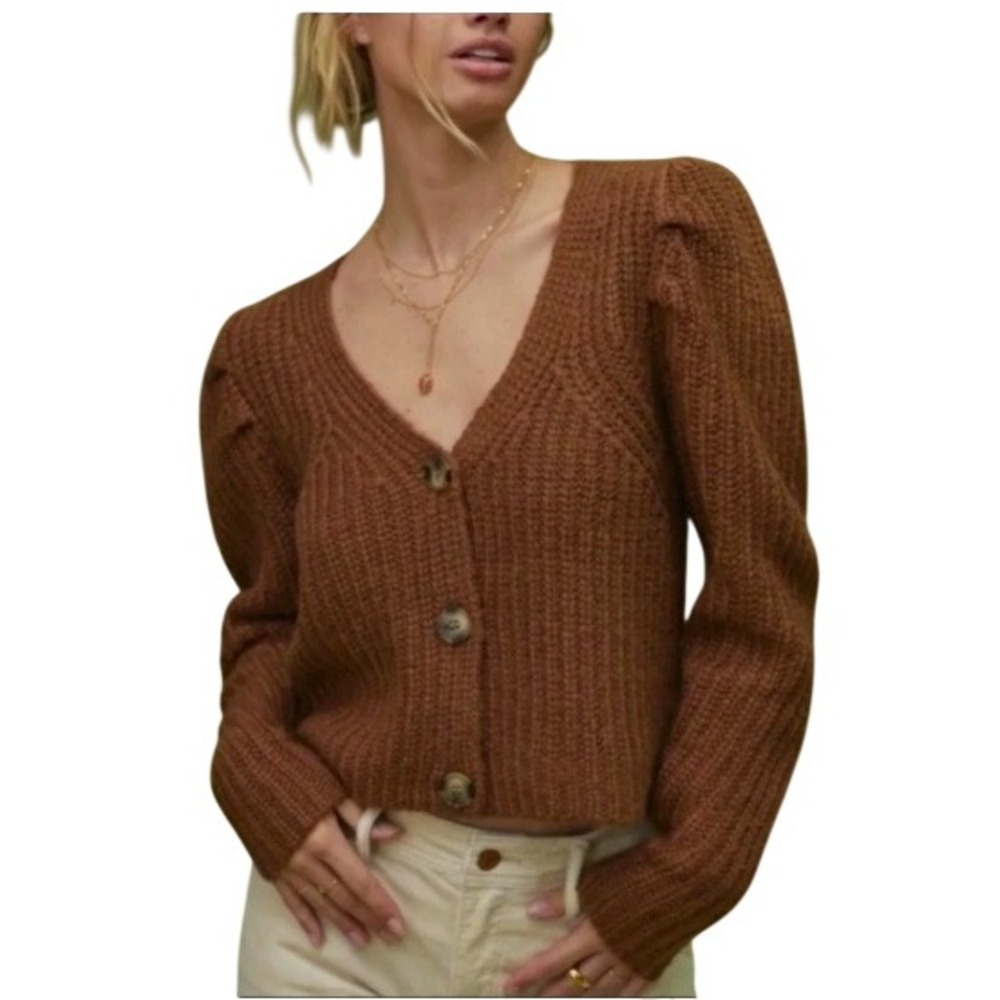 Current Air Puff Sleeve Cardigan Sweater Women L Brown Ribbed Knit Earthy Cozy